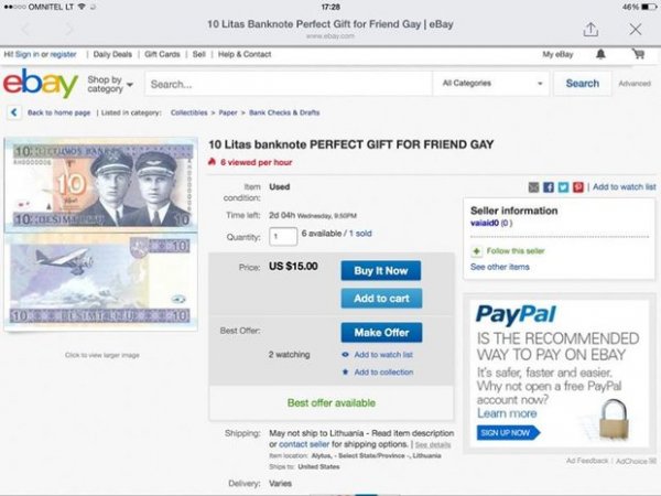 На eBay банкноту в 10 литов назвали "лучшим подарком для друга-гея" - «Интернет и связь»